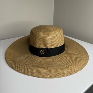 Eric Javits Daphne Tan Packable Straw Sun Hat Wide Brim Black Ribbon UPF 50+